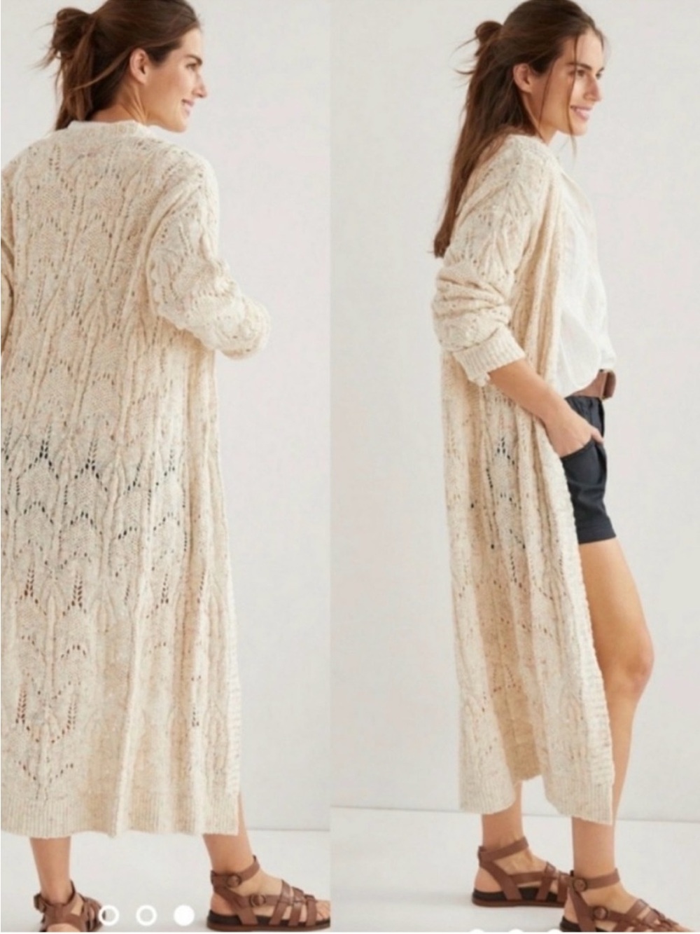 Pilcro Long Openwork Knit Duster Cardigan in Cream